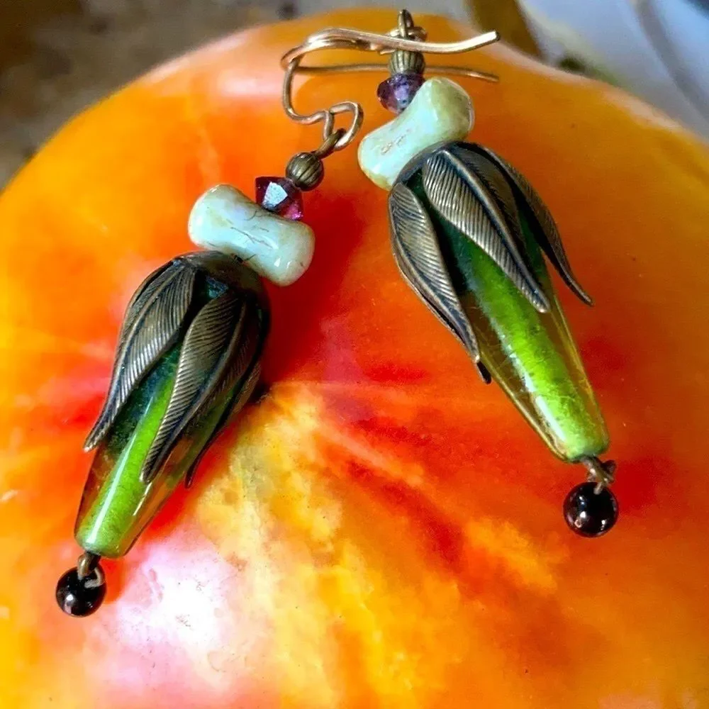 Vintage Glass metal bead bronze pierced green purple bone color earrings